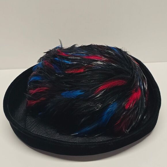 Vintage Black Red Blue Feathers Velvet And Mesh Hat Derby Church Formal Evening - Picture 5 of 11